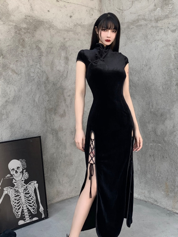 InsGoth Retro Cheongsam Schwarzes Kleid Gothic High Waist Bandage Patchwork Midikleid Frauen Elegantes, figurbetontes, kurzärmliges Partykleid