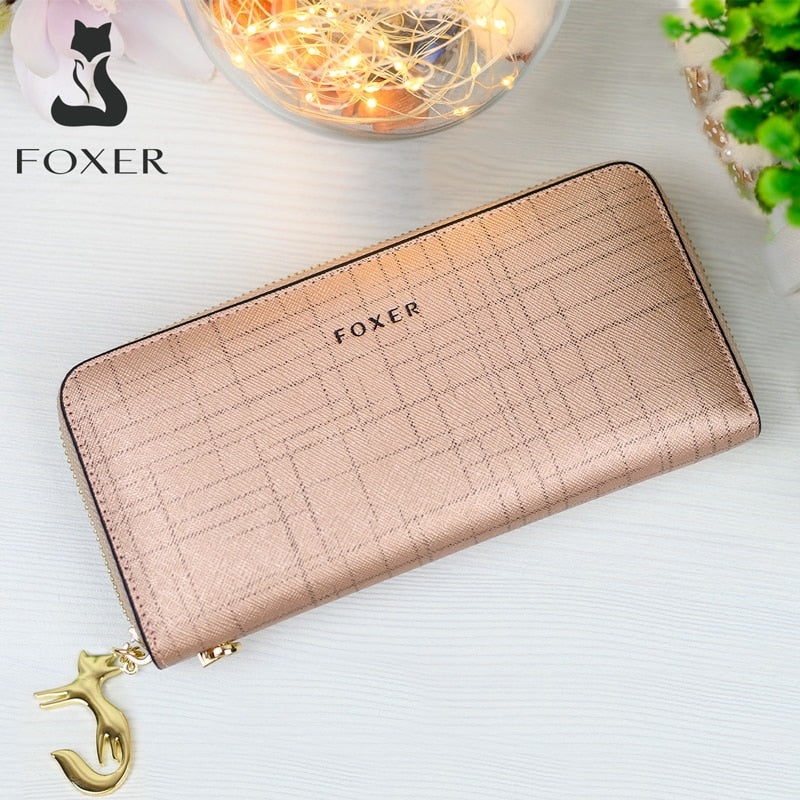 FOXER, cartera de cuero dividida para mujer, bolso de mano plegable con muñequera, tarjetero a la moda, monedero, bolso para teléfono móvil, monedero femenino