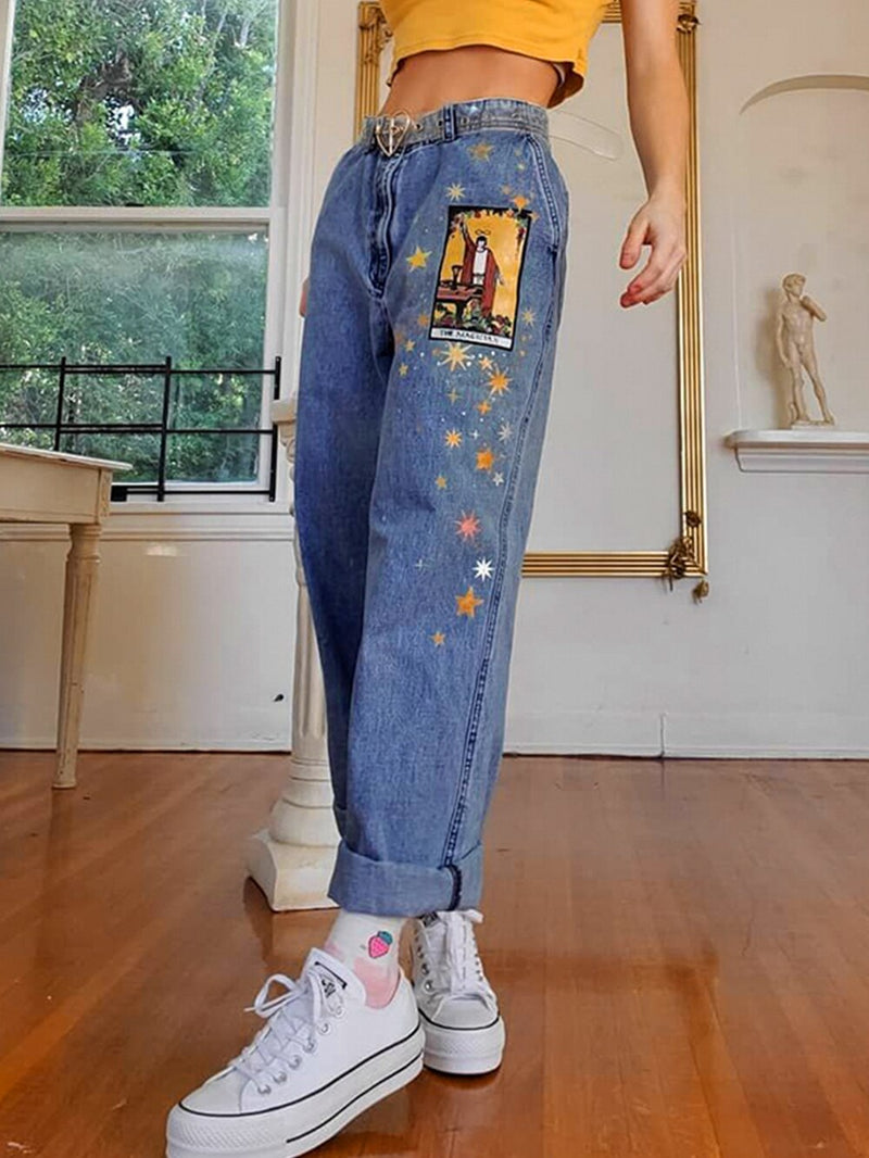 Womens Jeans Star Cartoons Pattern Printed 2022 Autumn Winter Denim Trousers fit Young Girl Vintage Cute female Jeans Pant Blue