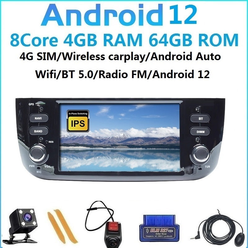 4G SIM Wireless Carplay Android 12.0 For Fiat Linea Punto EVO 2012-2015 Auto Radio Head Unit GPS Navigation Multimedia Player