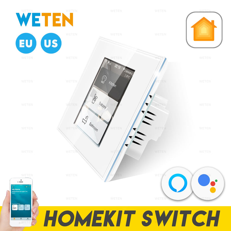 Smart Switch Homekit Wifi Light Switch Curtain Switch, LCD Screen Touch Panel, with RGB LED Ambient Light, for Alexa Google Home