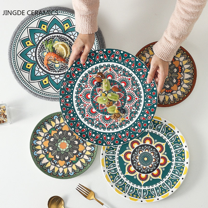 European-style ceramic tableware bohemian flat plate home plate hand-painted plates shallow dish and dessert creative pattern