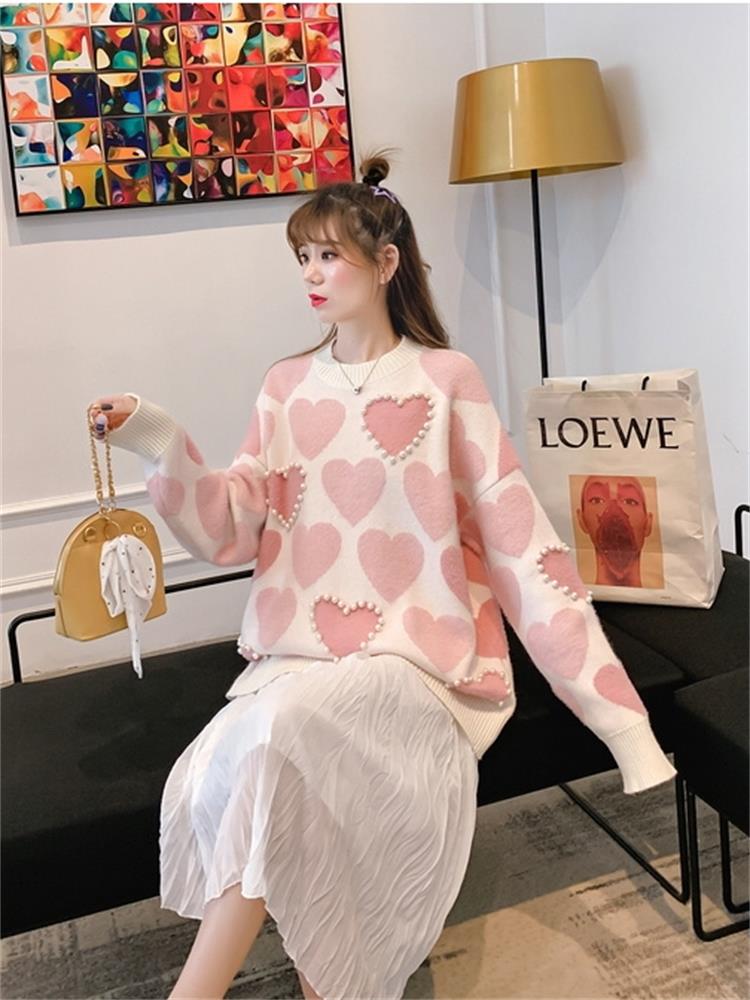 H.SA Women Knitted Sweater and Pullovers Oneck Pearls Beading Sweaters Sweet Heart Pull Jumpers Long Sleeve Kawaii Pull Femme