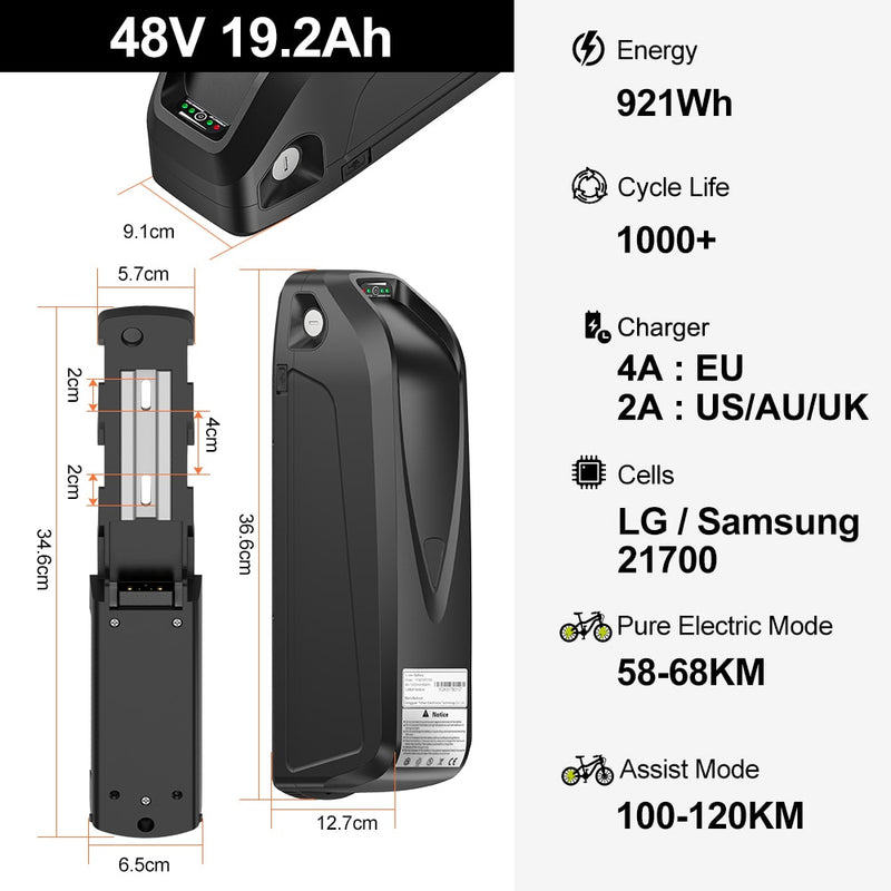 Batería de bicicleta eléctrica Hailong Samsung 18650 paquete de celdas 52V 14Ah 48V 36V 13Ah 15.6Ah 17Ah 20Ah batería de litio de bicicleta potente