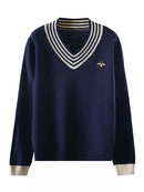 Estilo europeo primavera otoño mujeres abeja bordado suéter elegante cuello pico tejido suelto rayas manga larga suéter C-019