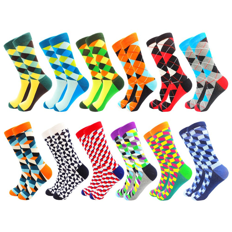 6-12 Pairs Colorful Cotton Fashion Casual Women and Men Funny Socks Stripe Grid Geometry Fun Dress Socks