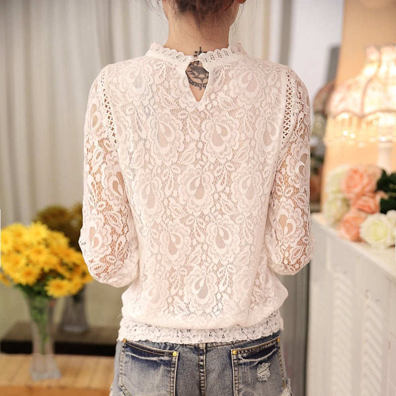 2022 Fashion Summer White Lace Women&#39;s Clothing Long Sleeve Chiffon Women Shirts Blouses Blusas Black Women&#39;s Tops Blouse 51C