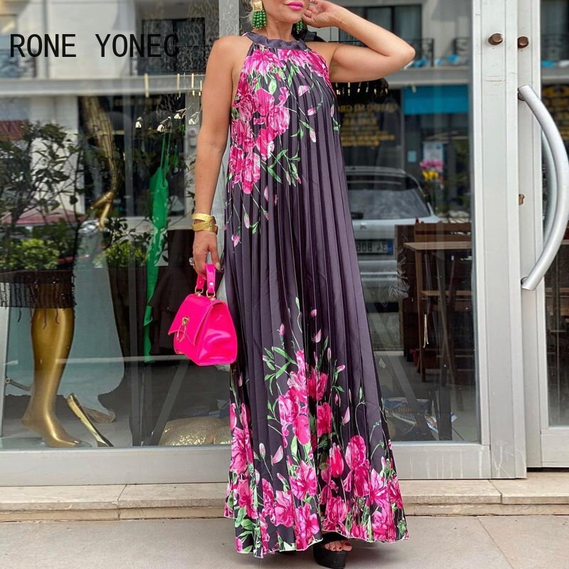 Women Elegant  All Over Print with Floral Pattern Halter Pleated Sexy Maxi Summer Vacation Dresses