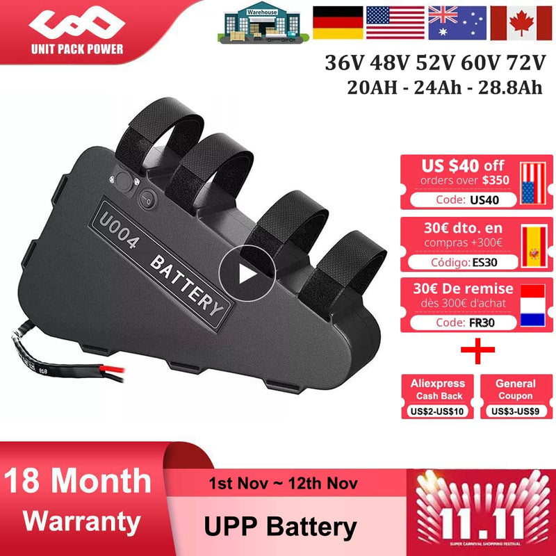 LG Tesla EBike Battery 21700 18650 Triangle Bateria Pack 36V 48V 52V 20Ah 24Ah 28.8Ah  for 750W 500W 1000W 2000W Motor