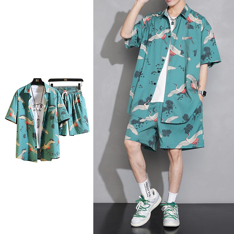 LAPPSTER Y2k Crane Print Shirts Harajuku Tracksuits 2022 Summer Vintage Button Up Short Sleeve Shirts Korean Suit Set Shorts