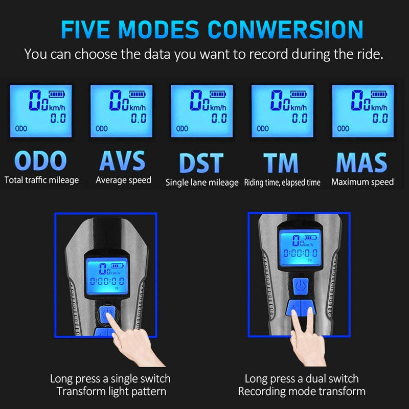Fahrradlicht USB wiederaufladbare Fahrrad Kilometerzähler Frontlicht Taschenlampe mit Computer LCD Tachometer Radfahren Kopf Laterne Hupe