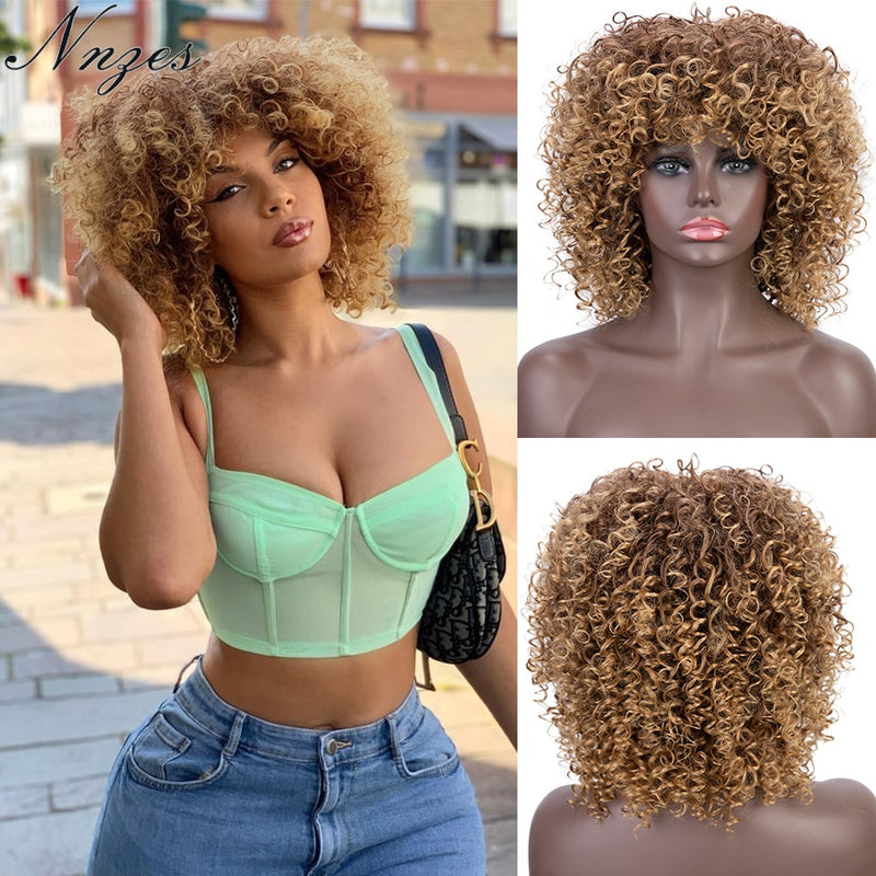NNZES Red Synthetic Wigs Afro kinky Curly Wig Mixed Black and Red Wig With Bangs Short Synthetic Wigs for Black Women