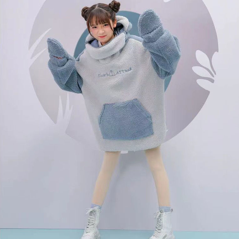 MINGLIUSILI Kawaii Shark Shape Hoodie for Women Cute and Funny Coat Korean Fashion Loose All-match Oversized Thicken Hoodie