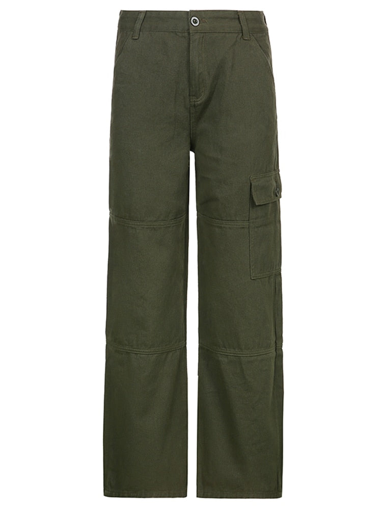HEYounGIRL Casual Vintage verde Cargo pantalones mujer moda algodón cintura alta Jeans ejército militar Denim Pantalones señoras bolsillos