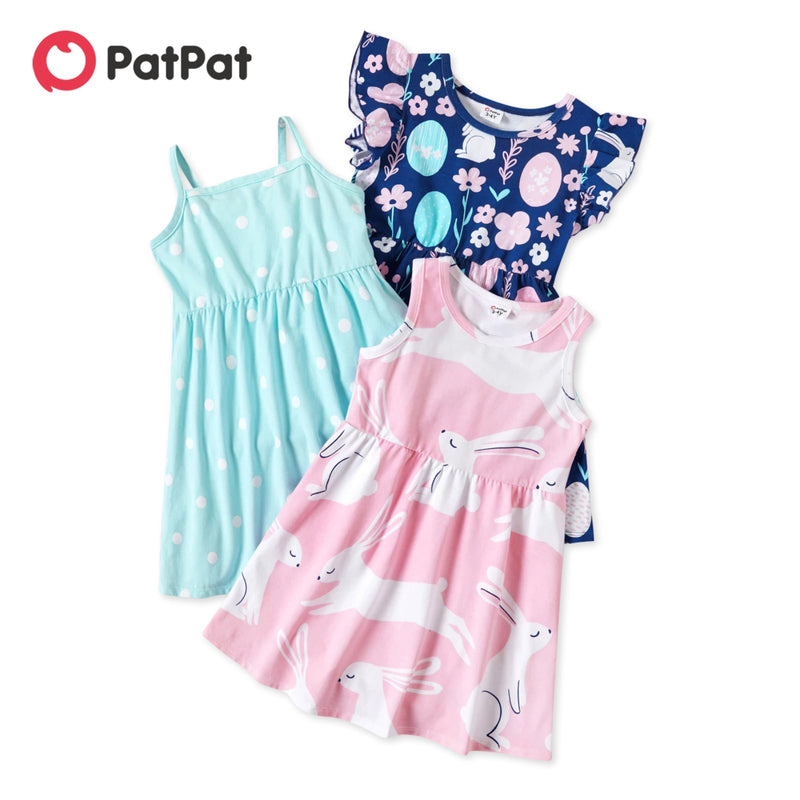 PatPat Spring and Autumn 3-pack Dresses Toddler Girl Dots and Solid Short and Long-sleeve Dress Set Cute Children's Clothing