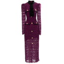 Seasixiang Fashion Designer Spring Summer Lace Pencil Dress Women Stand Collar Long Sleeve Hollow Out Elegant Party Dresses