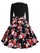 Winter Christmas Dresses Women 50S 60S Vintage Robe Swing Pinup Elegant Party Dress Long Sleeve Casual Print Black