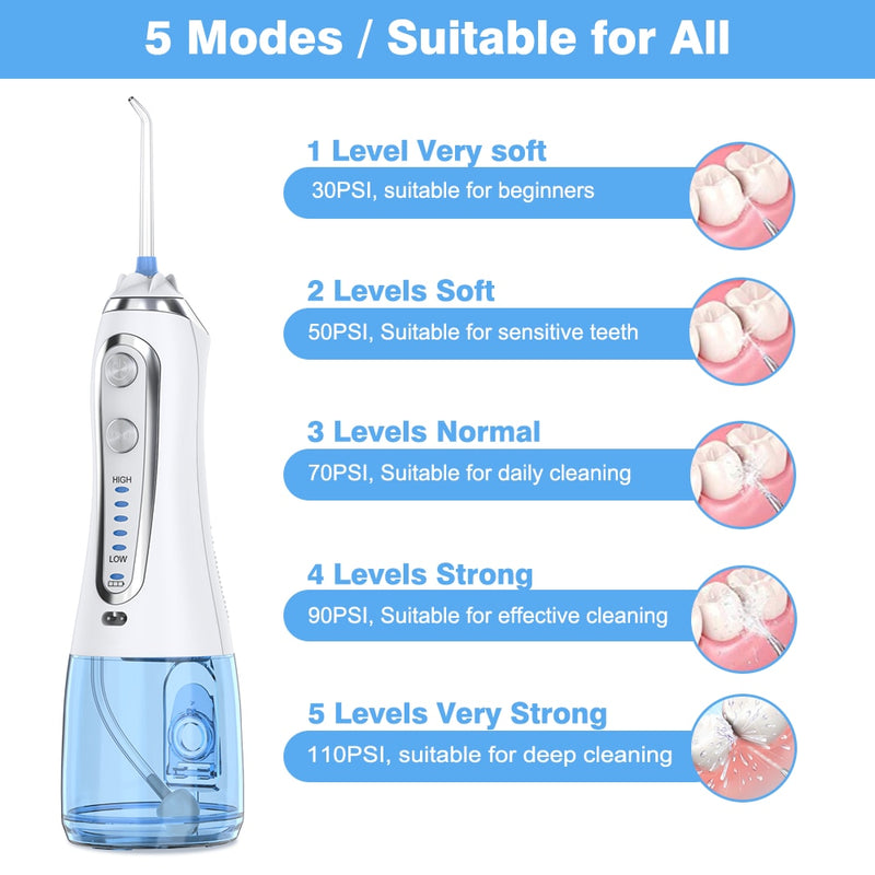 Elektrische Munddusche, tragbarer Zahnreiniger, wiederaufladbare USB-Wasserflosser, kabelloser Wasser-Zahnseidenstrahl mit 5 Düsen