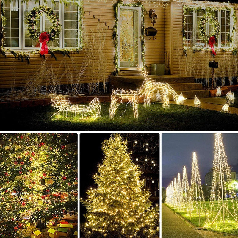 Guirnalda de luces LED solares para exteriores, adorno impermeable de alambre de cobre, luces de hadas para Navidad, jardín, calle, decoración de guirnaldas