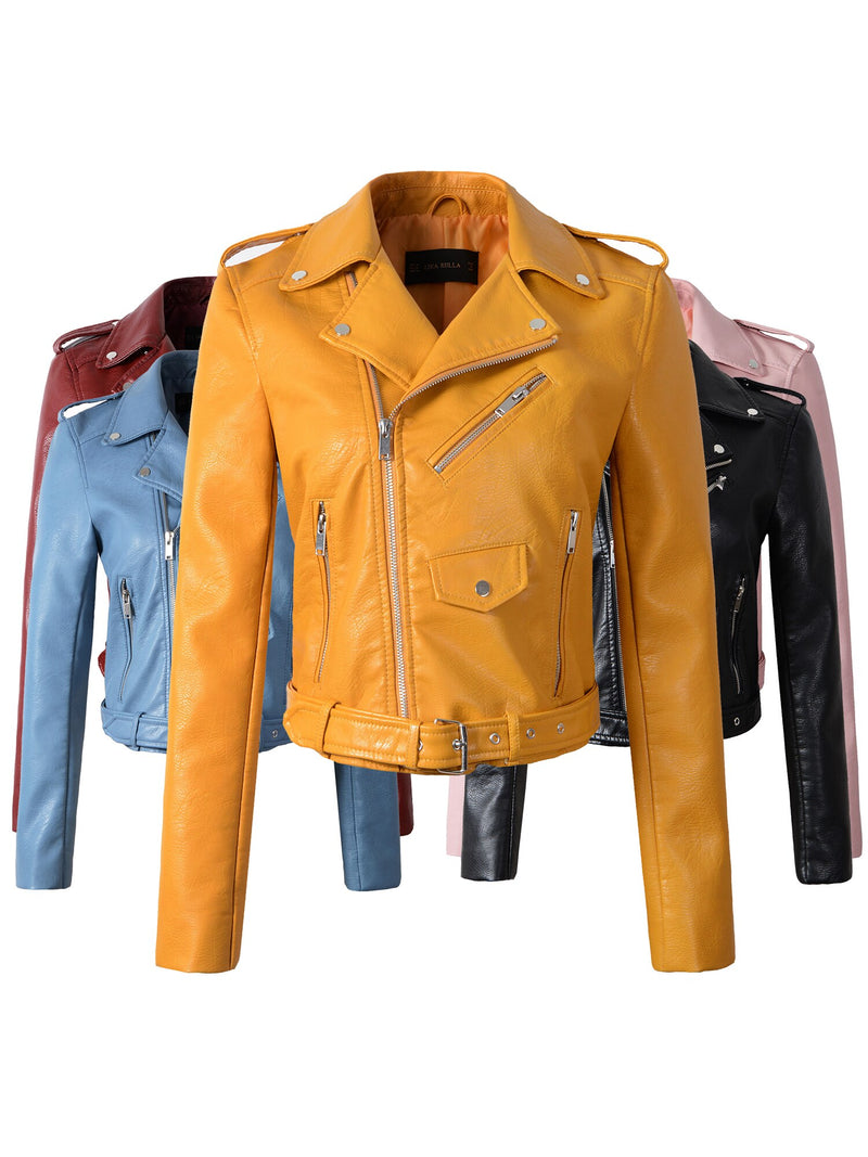 Nueva llegada 2022 marca invierno otoño chaquetas de cuero de motocicleta chaqueta de cuero amarillo chaqueta de cuero de mujer chaqueta delgada de cuero de PU