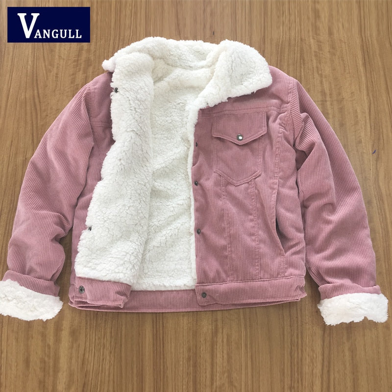 Vangull, abrigo de invierno de pana para mujer, abrigo cálido de terciopelo de algodón grueso para mujer, chaqueta de moda con forro de piel sintética, prendas de vestir de manga larga