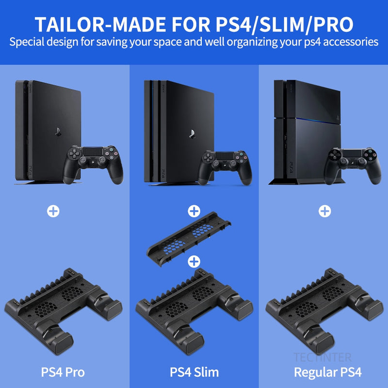 Für PS4/PS4 Slim/PS4 Pro Vertical Stand LED Lüfter Dual Controller Ladegerät Ladestation für SONY Playstation 4 Kühler