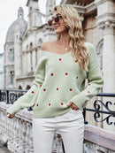 Fitshinling V-Ausschnitt Stickerei Herz Pullover Damen Pullover Strickwaren Koreanischer Stil Kawaii Pullover Winter Lässige Pullover Tops Verkauf
