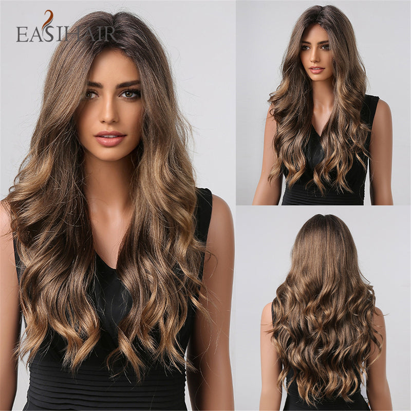 EASIHAIR Long Wavy Dark Brown Black Synthetic Wigs Natural Middle Part Hair Wigs for Women Daily Cosplay Party Heat Resistant