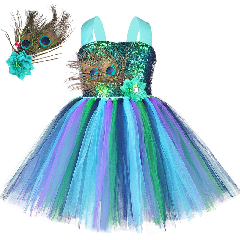 Blumenfedern Mädchen Pfau Tutu Kleid Kinder Tüll Prinzessin Pfau Kostüm für Mädchen Festzug Halloween Geburtstagsfeier Kleid