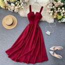 FMFSSOM 2022 Sommer V-Ausschnitt Sexy Open Back Rotes Kleid Frauen knielangen Bohemian Style Solid Spaghetti Strap Party Kleidung