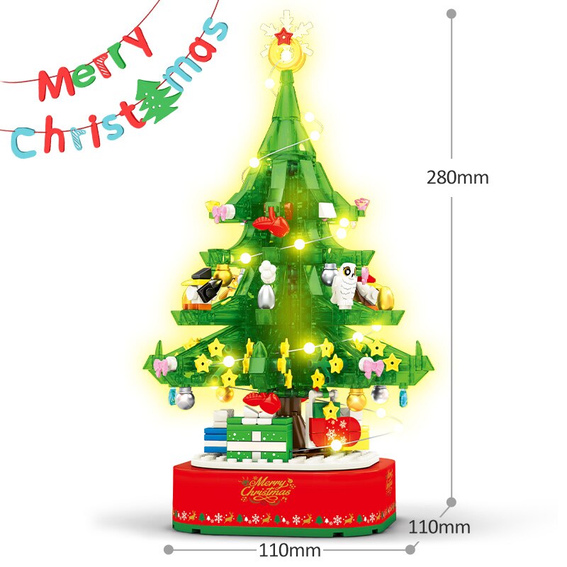 Christmas Theme Rotating LED Shining Music Box Building Blocks DIY City Friends Tree House Bricks Toys For Children Xmas Gifts