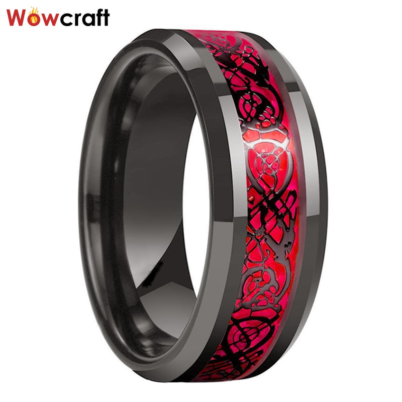 8 mm Wolfram-Eheringe für Männer und Frauen Gunmetal &amp; Black Plated Opal Dragon Inlay Abgeschrägte Kanten Comfort Fit