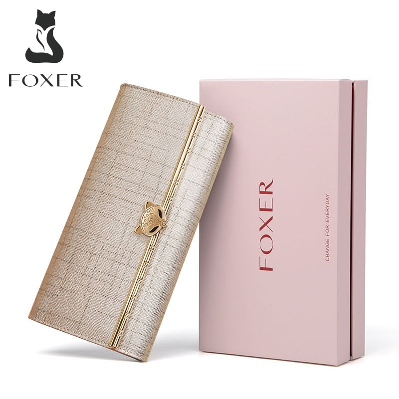 FOXER Marke Frauen Spaltleder Lange Brieftaschen Dame Luxus Clutch Bag Geldbörse Weibliche Mode Kreditkarteninhaber für Frauen