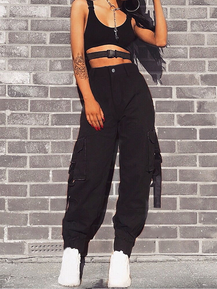 HEYounGIRL Streetwear Khaki Cargo Pants Women Capri Casual High Waist Trousers Black Harajuku Womens Pants Parchwork with Buckle