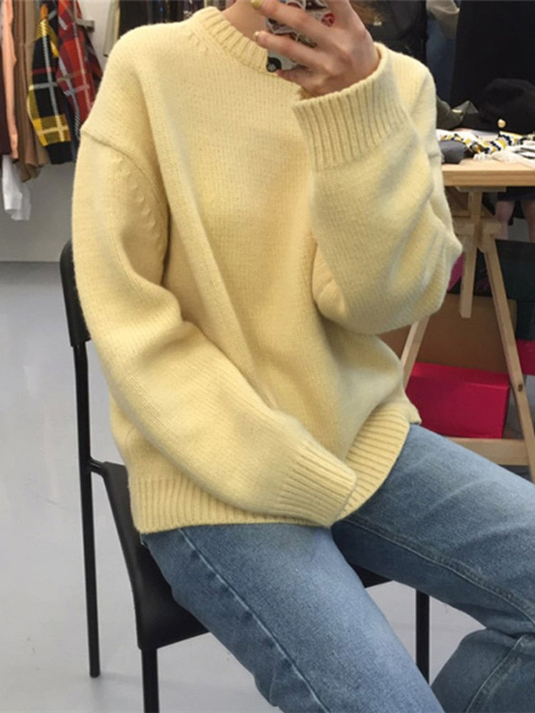 Colorfaith 2022 Minimalist Chic Wild Oversized Knitted Elegant Lady Cotton Autumn Winter Women Sweater Pullovers Jumpers SW1923