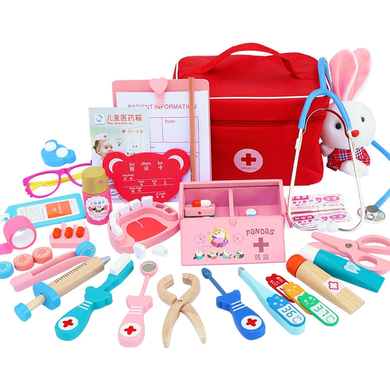 Juego de juguetes de doctor para niños, juego de simulación de madera para niños, juegos para niñas y niños, caja de medicina roja para dentista, bolsas de tela