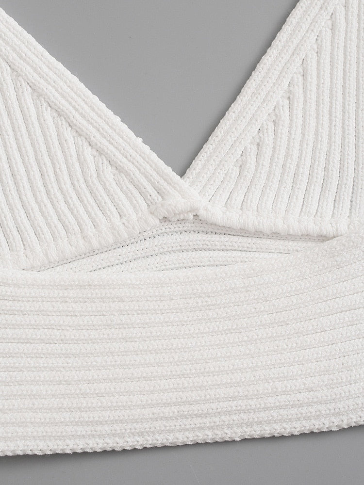 Fashion Women White Knitted Crop Top Sexy Bra Summer Camis Vintage Backless Strap Female Chic Tank Tops