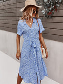 Primavera Verano señoras vendaje vestido mujer Casual medio manga larga botón estampado Floral vacaciones estilo elegante vestido femenino 2022 nuevo