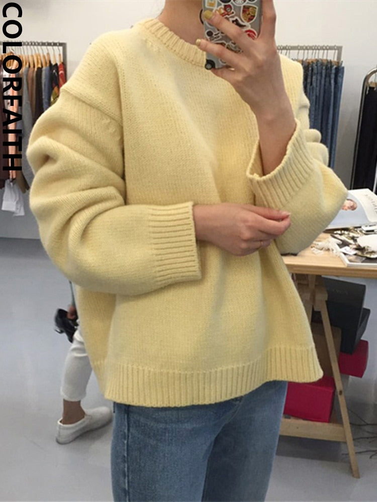 Colorfaith 2022 Minimalist Chic Wild Oversized Knitted Elegant Lady Cotton Autumn Winter Women Sweater Pullovers Jumpers SW1923