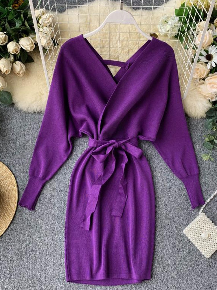 YuooMuoo Herbst Winter Frauen Strickpullover Kleid 2022 Neue Koreanische Lange Fledermausärmel V-ausschnitt Elegantes Kleid Damen Verbandkleid