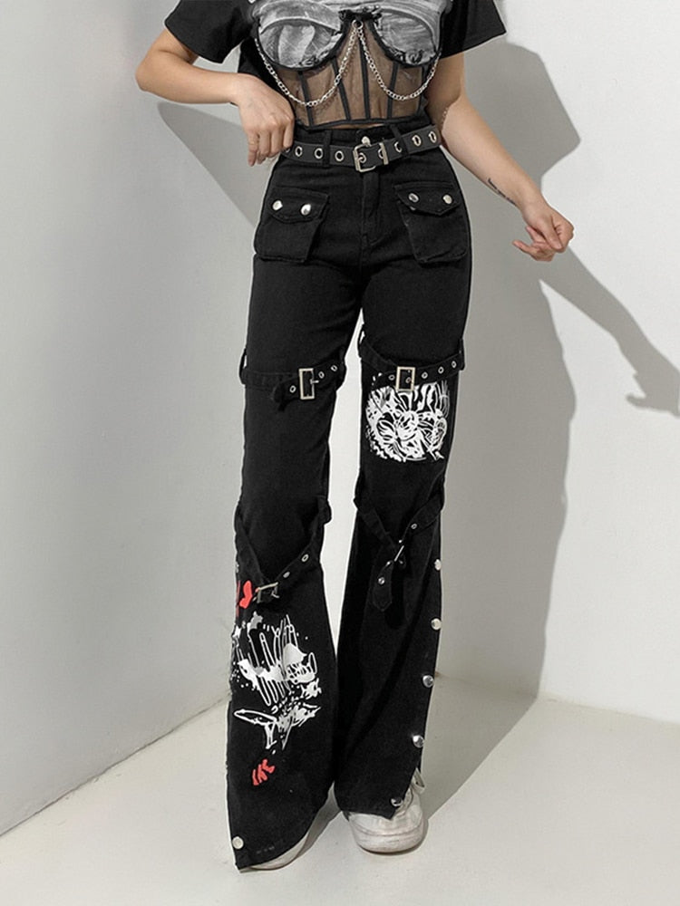 InsGoth Y2K Punk Skull Print Negro Hebilla Pantalones Harajuku Cintura alta Pantalones con bolsillos grandes Goth Mall Grunge Cargo Pantalones Techwear