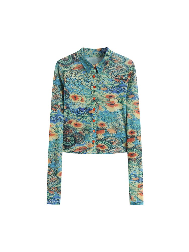 CHEERART, otoño 2020, camisa de malla con estampado de dragón para mujer, Top de manga larga con botones, Top transparente, ropa de diseñador de moda