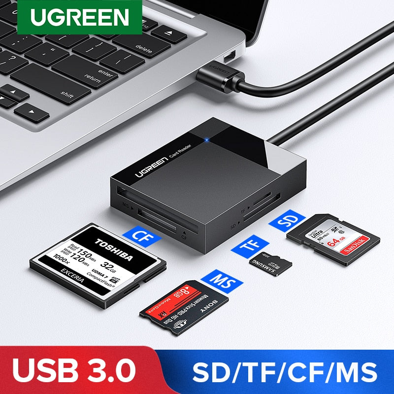 Lector de tarjetas UGREEN USB 3,0 SD Micro SD TF CF MS adaptador de tarjeta Flash compacto para ordenador portátil lector de tarjetas múltiples 4 en 1 lector de tarjetas inteligentes