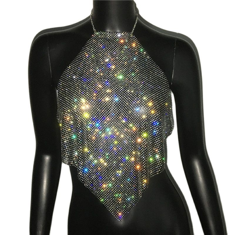 AKYZO Frauen Luxus Handgemachte Strass Camis Backless Metallkette Nachtclub Tops Sommer Party Club Gold Diamant Tanktops