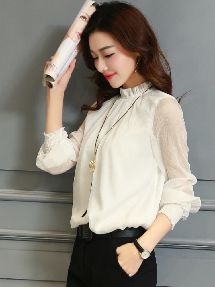 Chiffon Blouse New Women Tops Long Sleeve Stand Neck Work Wear Shirts Elegant Lady Casual Blouses women&