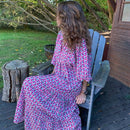 Women Lantern Sleeve Long Dresses Summer New V Neck Floral Print Loose Beach Sundress Female Bohemia Holiday Lace-up Maxi Dress