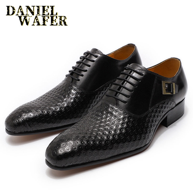 Daniel Wafer Man Schuhe Luxus echtes Leder geometrische Drucke Büro Hochzeit Mann formale schwarze Schnürung spitze Zehen Oxford Schuhe