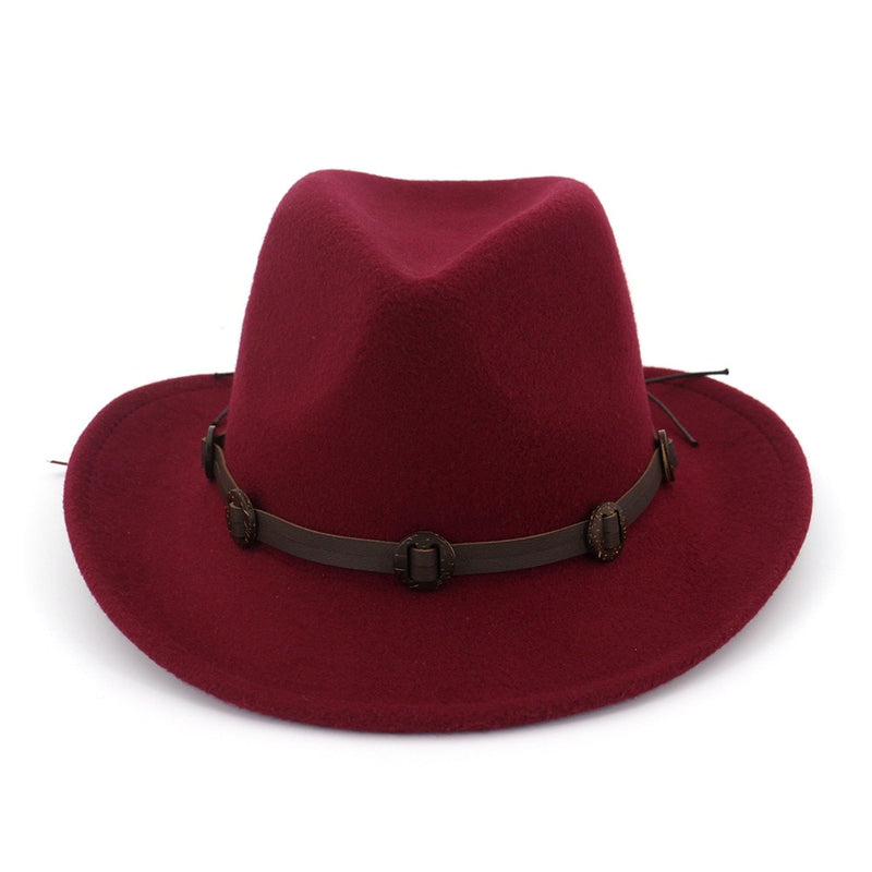 Western Cowboy Cowgirl Fedora Hats with Leather band Men Women Wide Brim Sunhat Felt Jazz Panama cap Trilby Party Fedoras