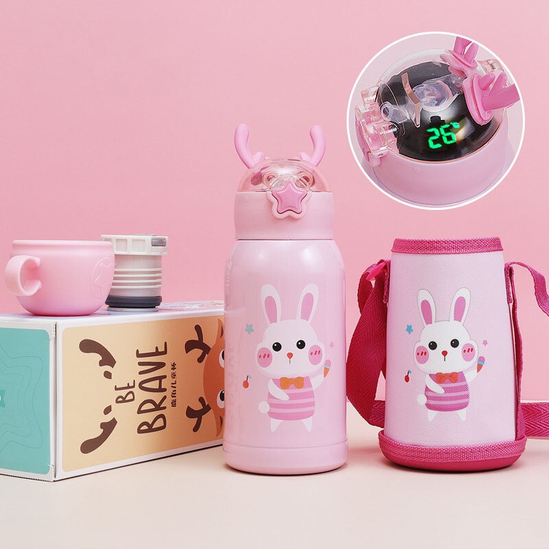 500ml Cartoon Smart Temperature Display Thermos Cup Portable Pressing Straw Style Water Bottle Keep Warm Cold 24hours for Baby
