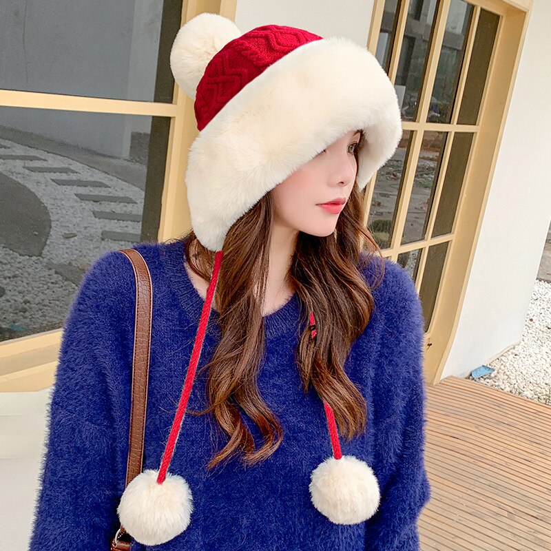 Sparsil Woman Autumn Winter Mink Knit Bomber Hat Thick Female Fluffy Pompom Outdoor Warm Windproof Earflap Trapper Snow Ski Caps